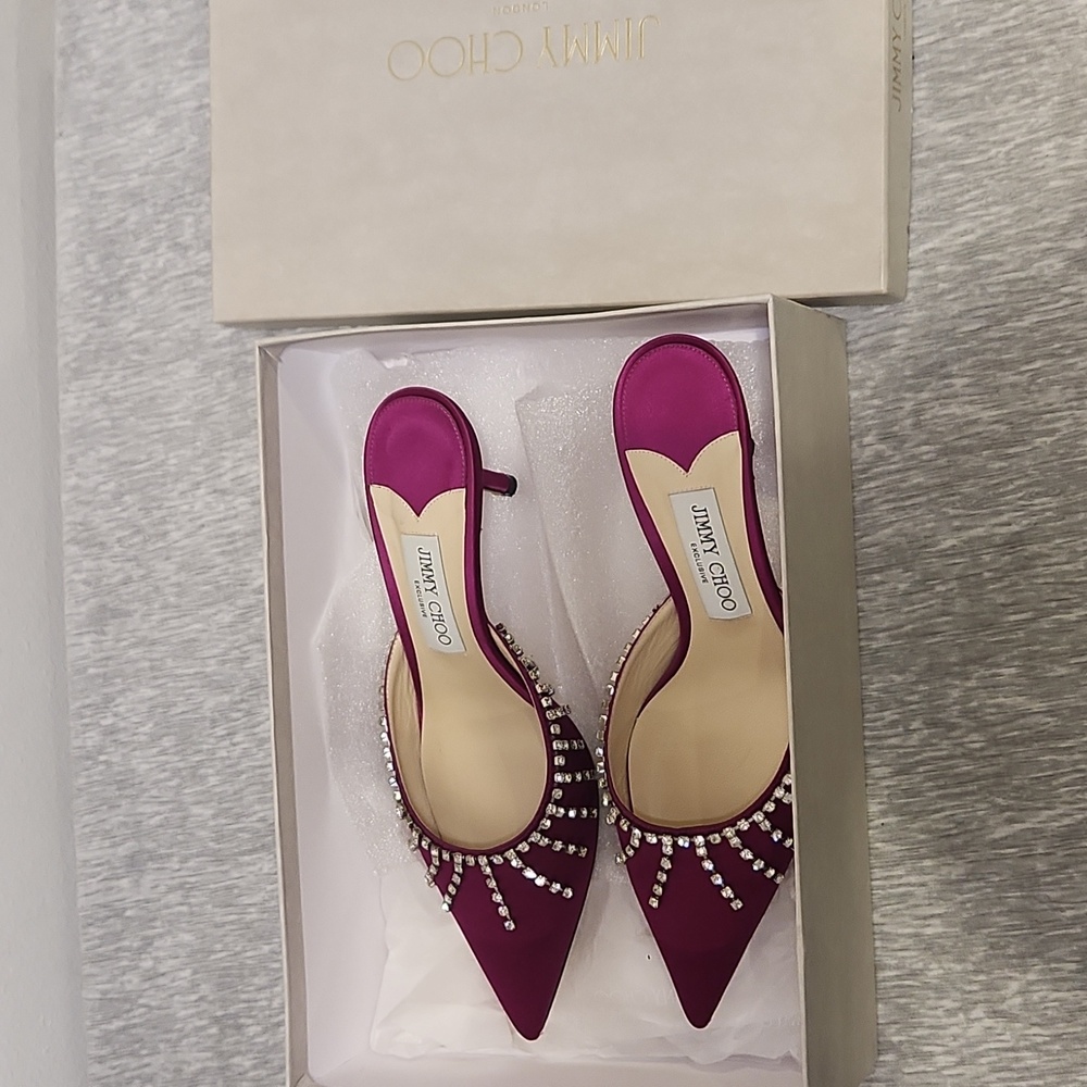 Jimmy Choo raspberry satin w crystals mule. Size 39 height 65mm